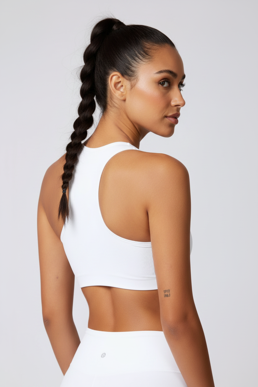 Ribbed White Sports Bra – Racerback Back View